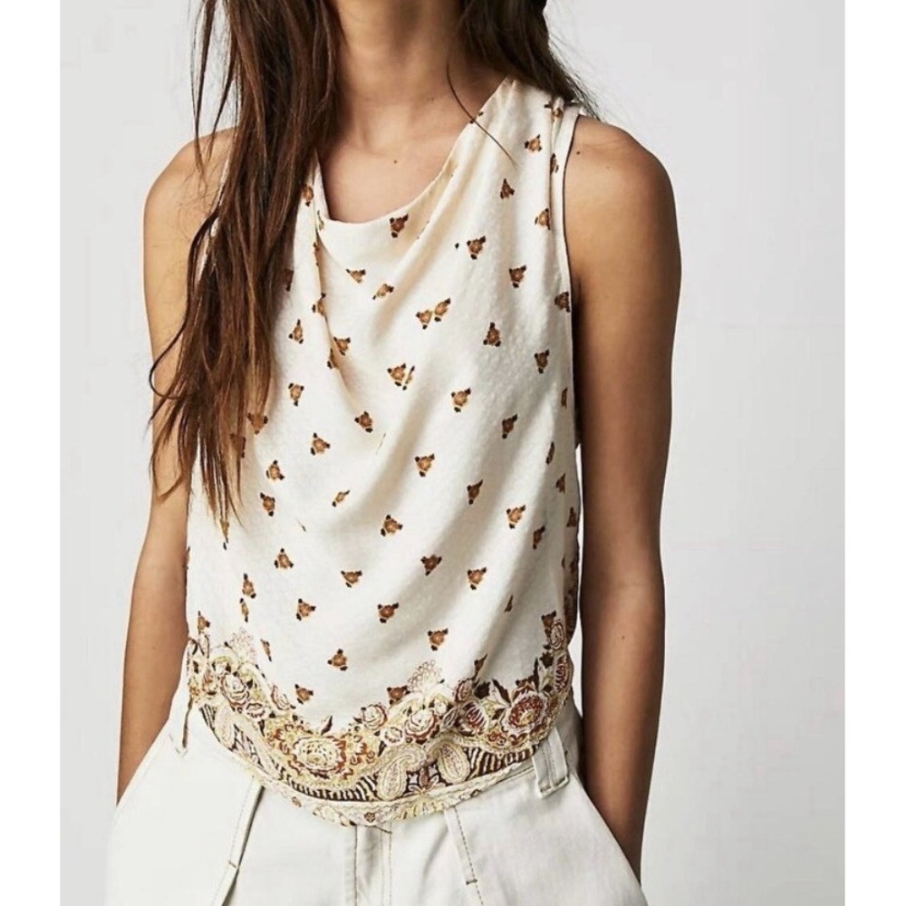 Free People Womens‎ Ivory Combo Silas Printed Cowl Neck Backless Viscose Tank S